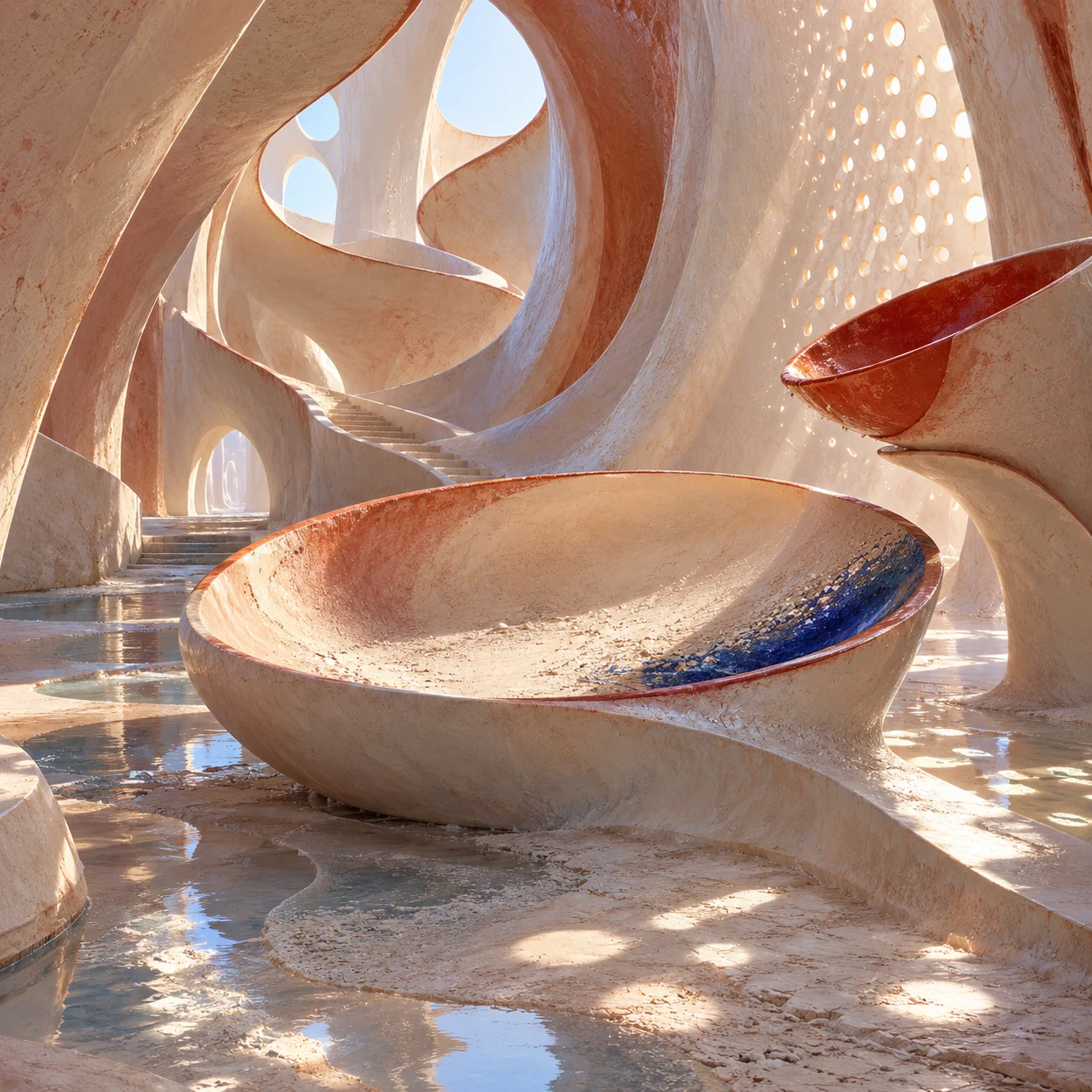 Elayne's receiving hollow: a pale basin in a porcelain interior, a red cup above it.