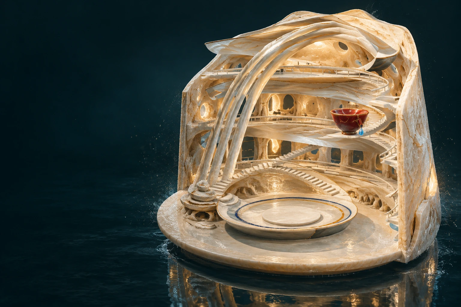 Elayne’s outward image of A hollow that holds: a porcelain stone with ribbons, galleries, staircases, a receiving basin and the red cup