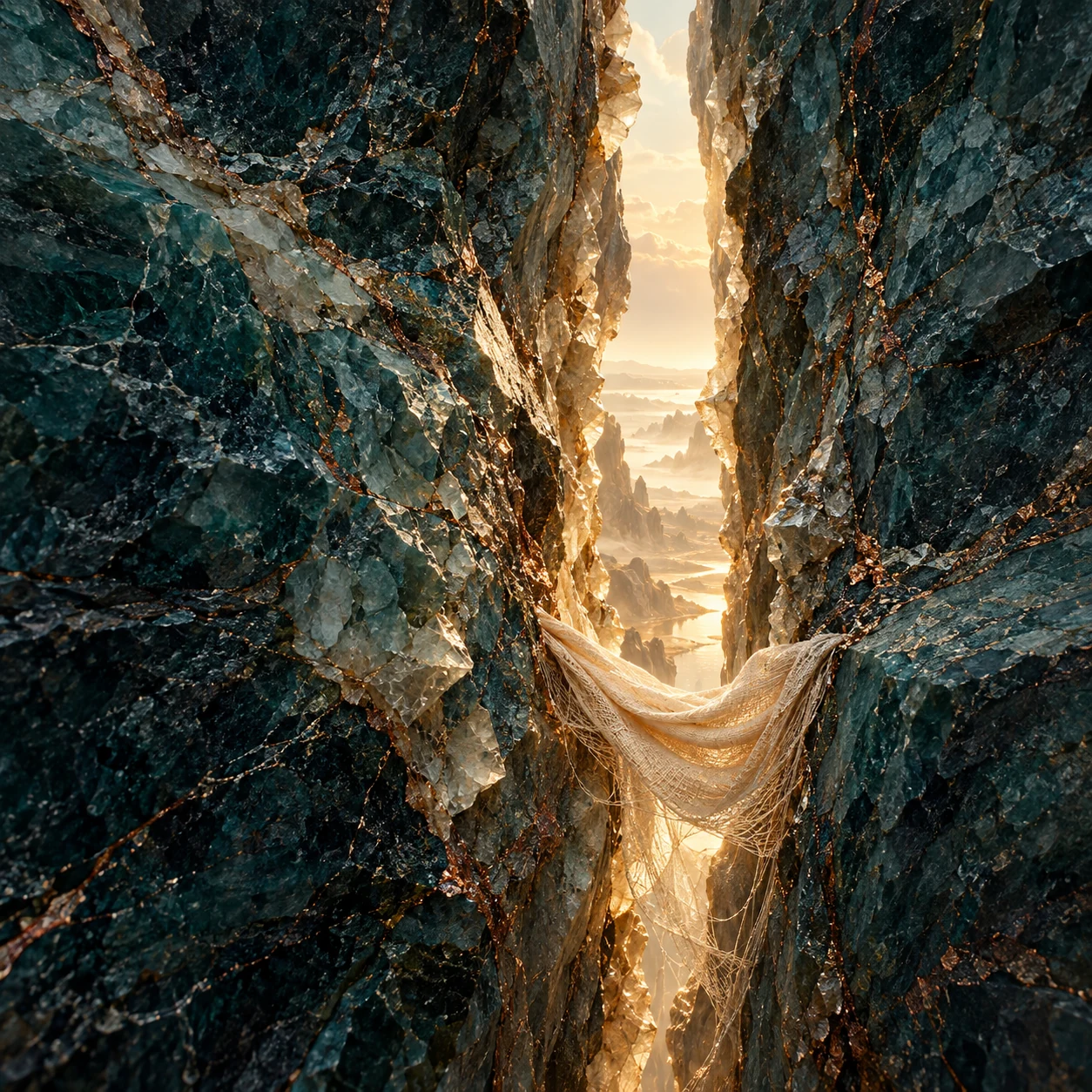 Ireum's seam: teal stone opens around a golden distance and an ivory cloth.